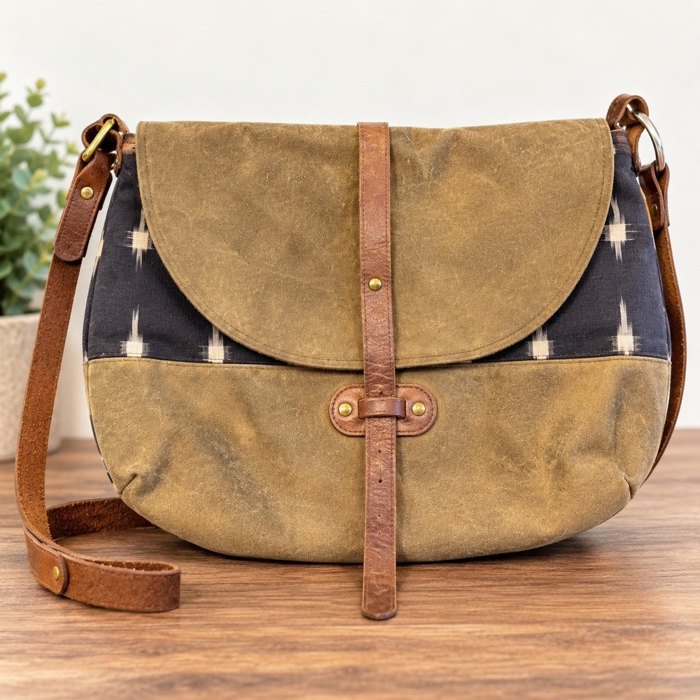 Shelter Made in USA Canvas Leather Crossbody Shoulder Bag Boho Ikat Distressed